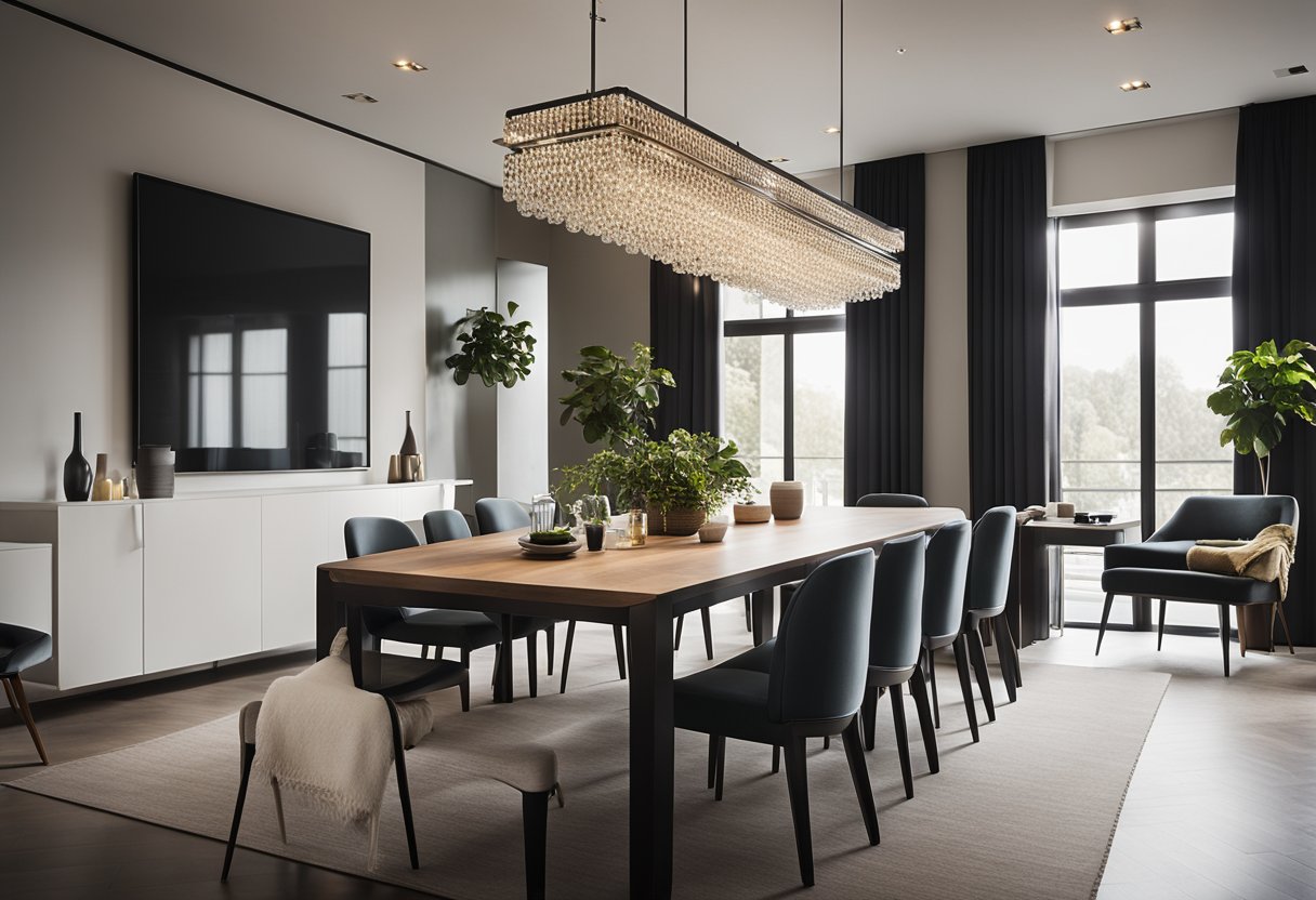 A modern dining room with a sleek, minimalist chandelier hanging above a table set for a meal. The room is well-lit and stylish, with clean lines and contemporary decor