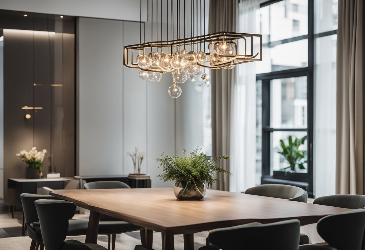 A modern chandelier hanging over a dining table in a sleek, minimalist dining room. The chandelier features clean lines and geometric shapes, casting a soft, ambient light over the space