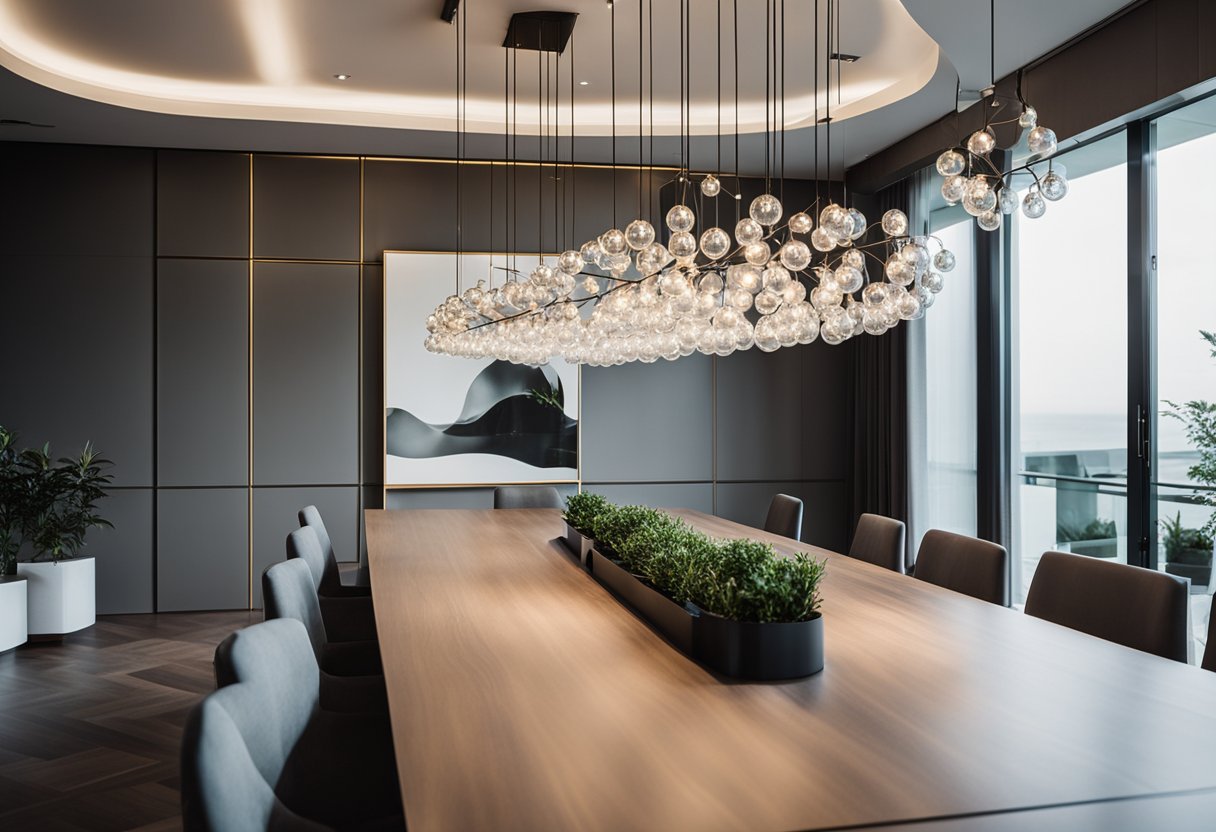 A modern dining room with sleek, stylish chandeliers hanging from the ceiling. Clean lines and minimalist design create a contemporary atmosphere