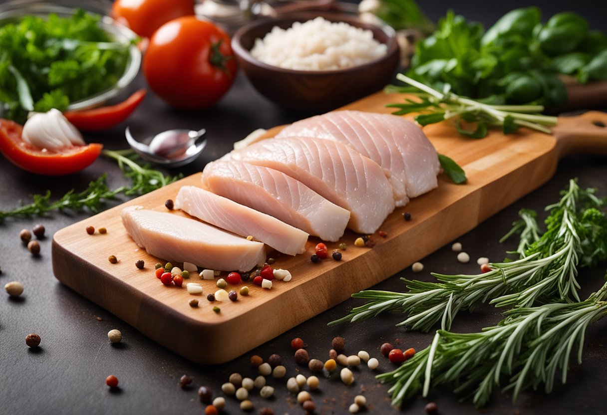 A cutting board with raw chicken breast, a chef's knife, and various herbs and spices scattered around. A bowl of marinade sits nearby