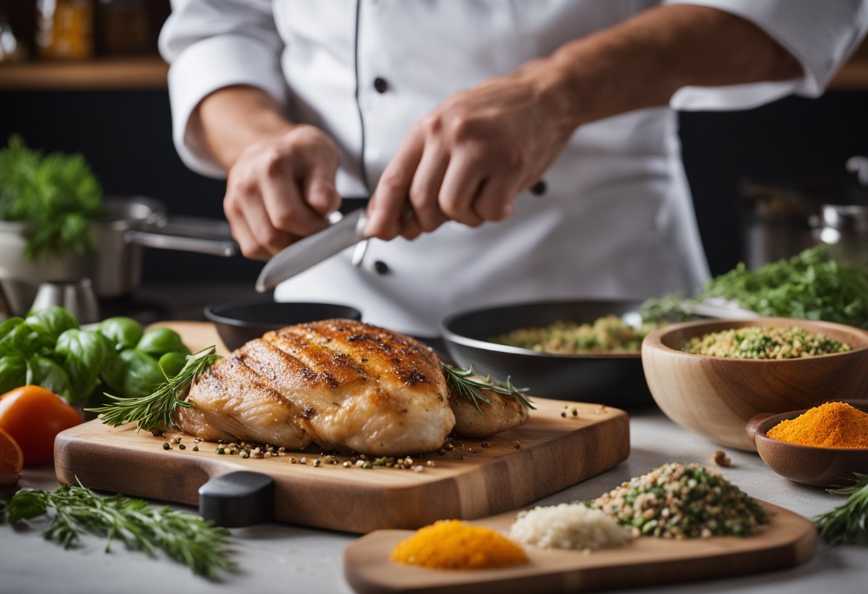 A chef seasoning a chicken breast on a cutting board, with various herbs and spices scattered around. A skillet sizzling on the stove in the background