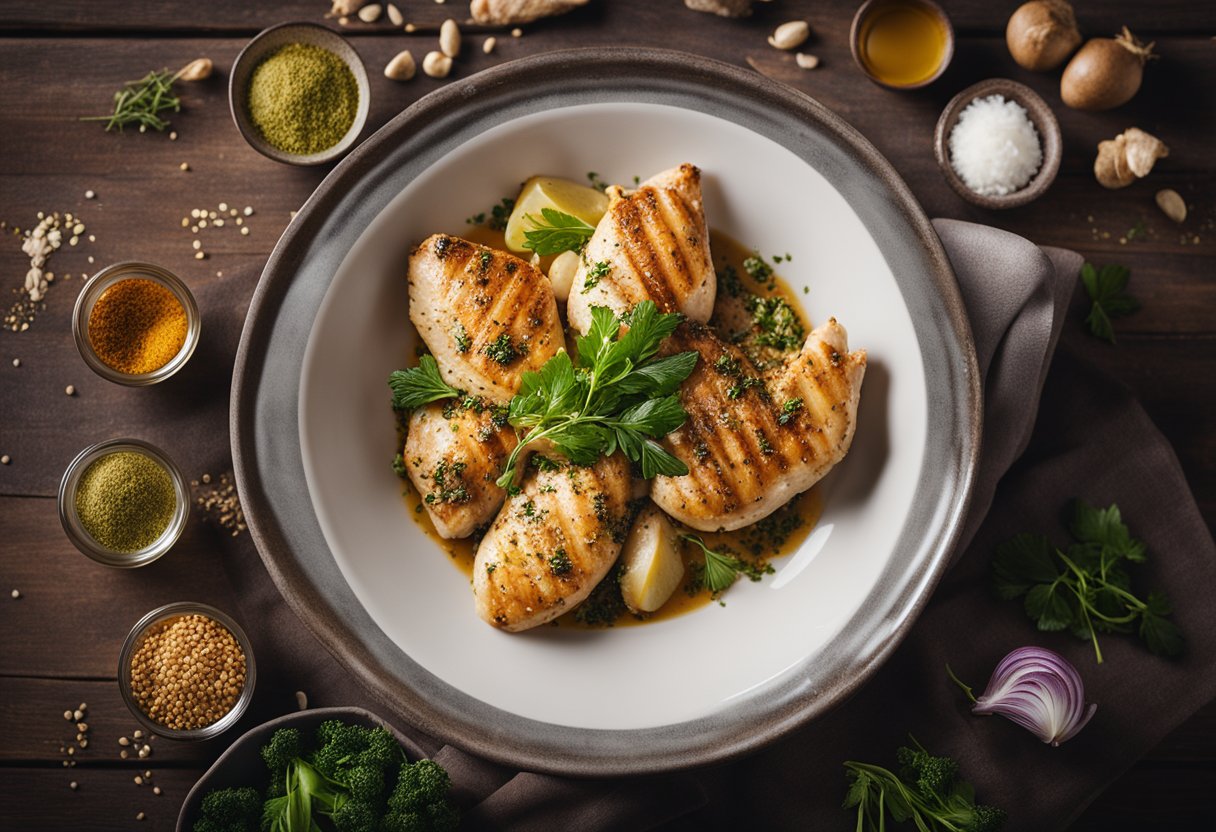 A chicken breast being seasoned and marinated with herbs and spices in a bowl