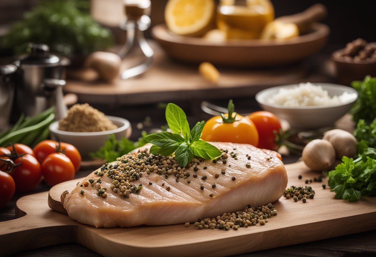 A kitchen counter with various ingredients like herbs, spices, and vegetables, alongside a raw chicken breast on a cutting board