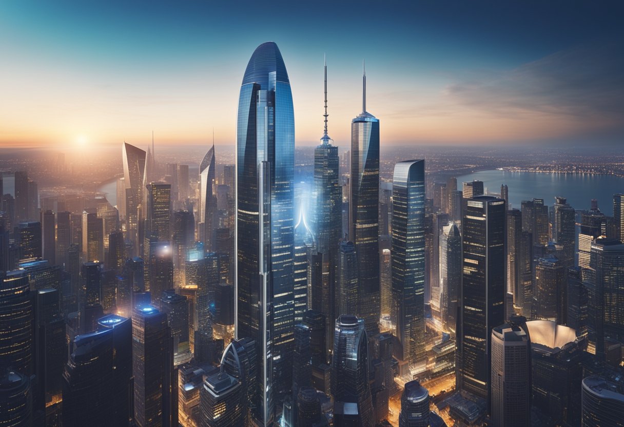 A bustling cityscape with modern skyscrapers and a vibrant financial district, with futuristic technology and innovation visible in the architecture and infrastructure
