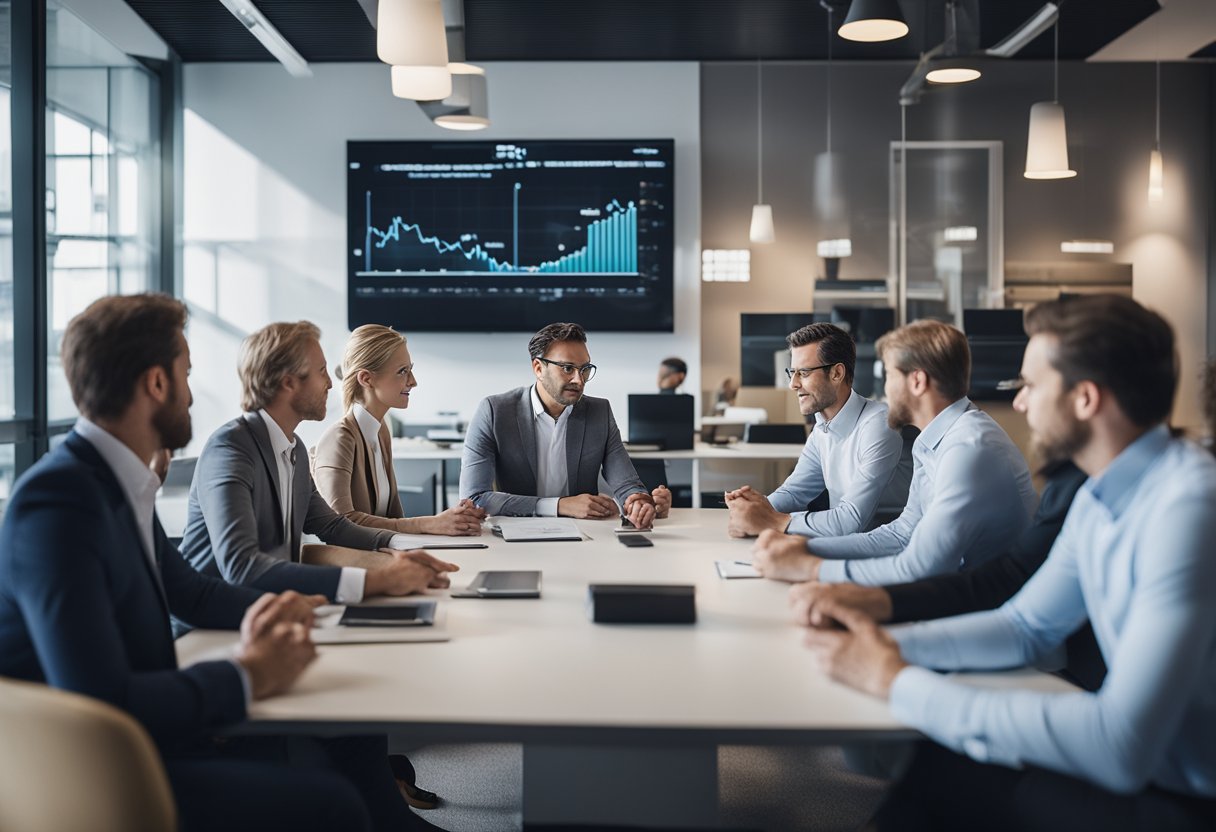 A group of investors discussing in a modern office setting, with charts and graphs on the wall, representing the historical development and future prospects of venture capital funds in Germany