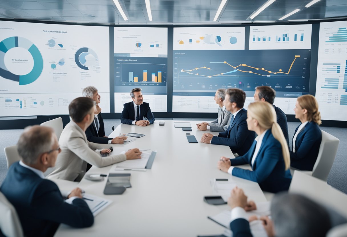 A group of German government officials and business leaders discuss VC funding in a modern conference room with charts and graphs on the walls