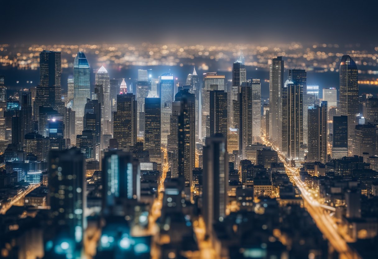 A bustling city skyline with modern buildings and a vibrant tech hub, surrounded by a network of financial institutions and venture capital firms