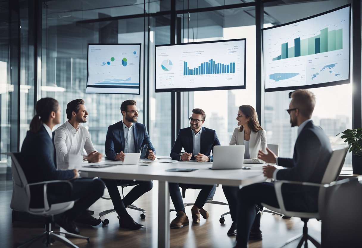 A group of investors discussing VC funding in a modern office setting with charts and graphs displayed on a large screen