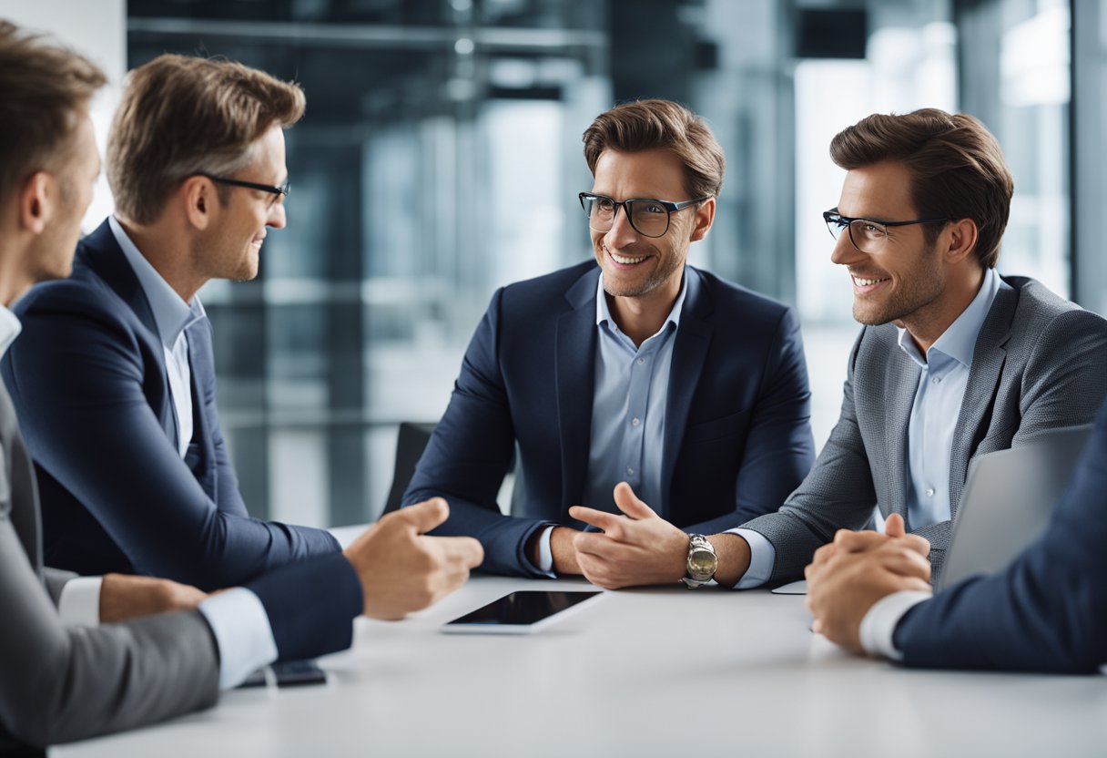 A group of venture capitalists discussing financial outcomes and potential exits in a modern office setting in Germany