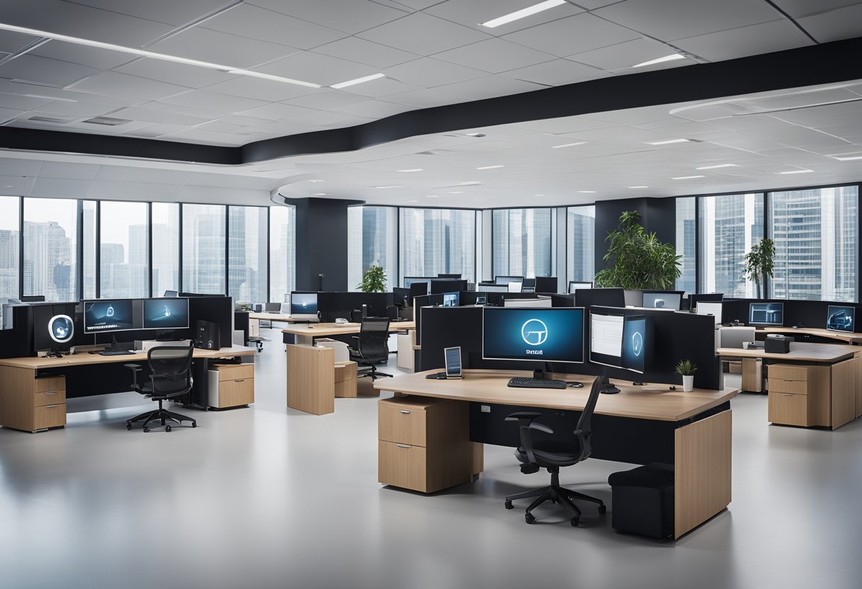 A sleek, modern office space with a computer workstation and large screens displaying asset tracking and management software. Multiple devices are interconnected, showcasing the efficiency of technology in managing assets