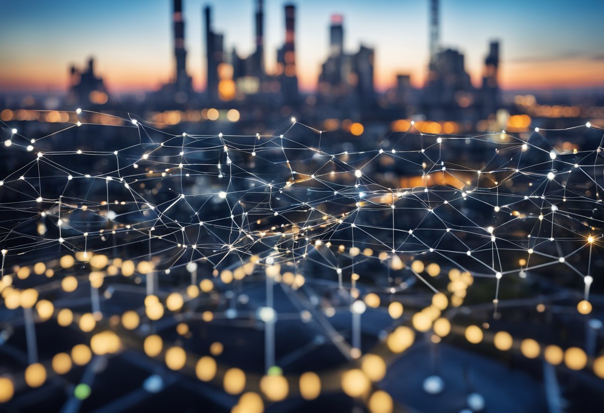 A network of sensors and devices are seamlessly integrated across a vast industrial landscape, transmitting real-time data to a central control hub