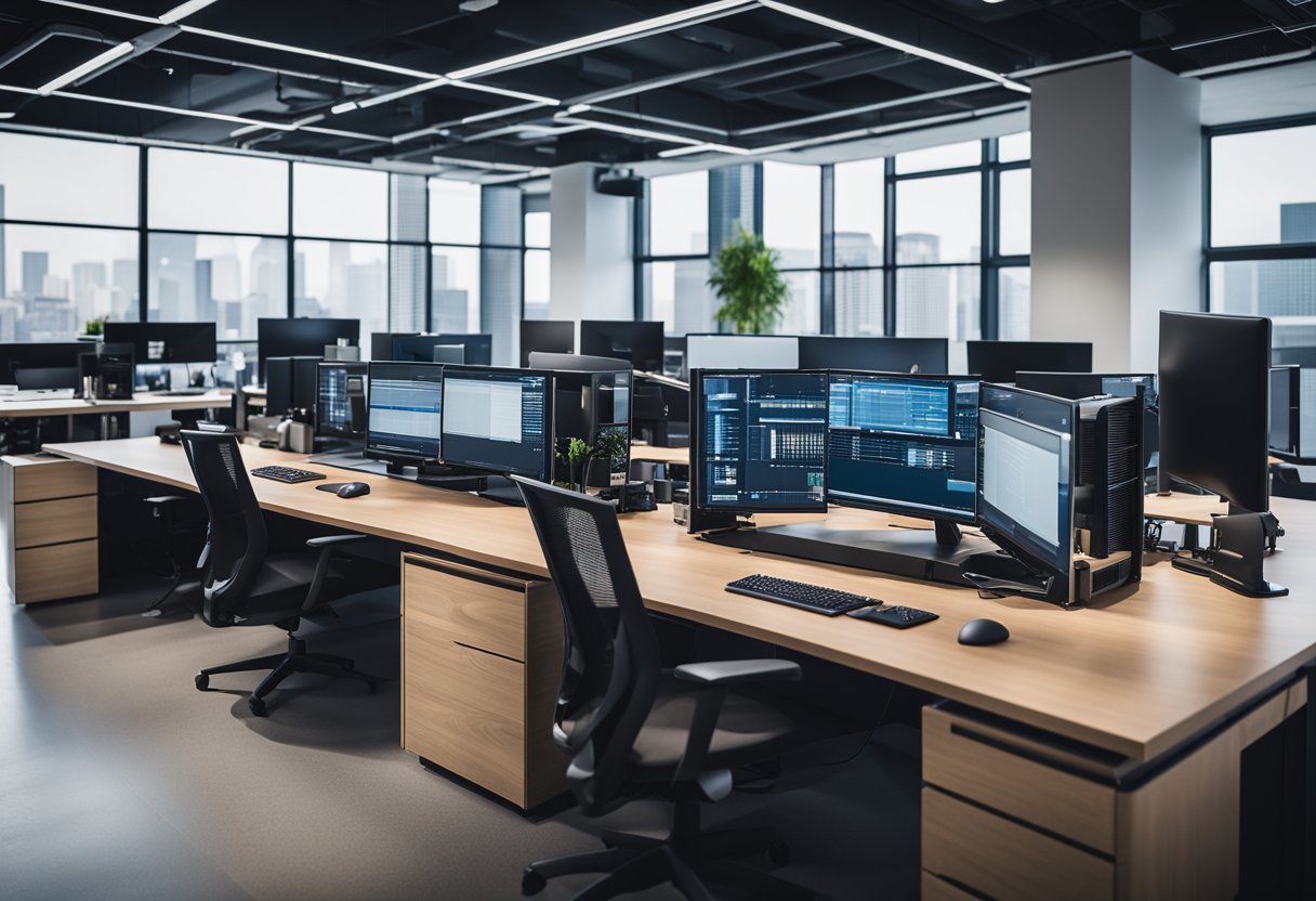 A modern office with computer workstations and a digital asset management system displayed on large monitors. Various technological tools and equipment are organized neatly on desks