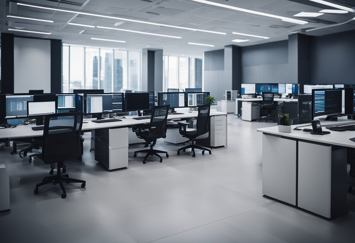 A modern office setting with computers, servers, and digital interfaces. A team of professionals working on asset management software and utilizing technology for efficient operations