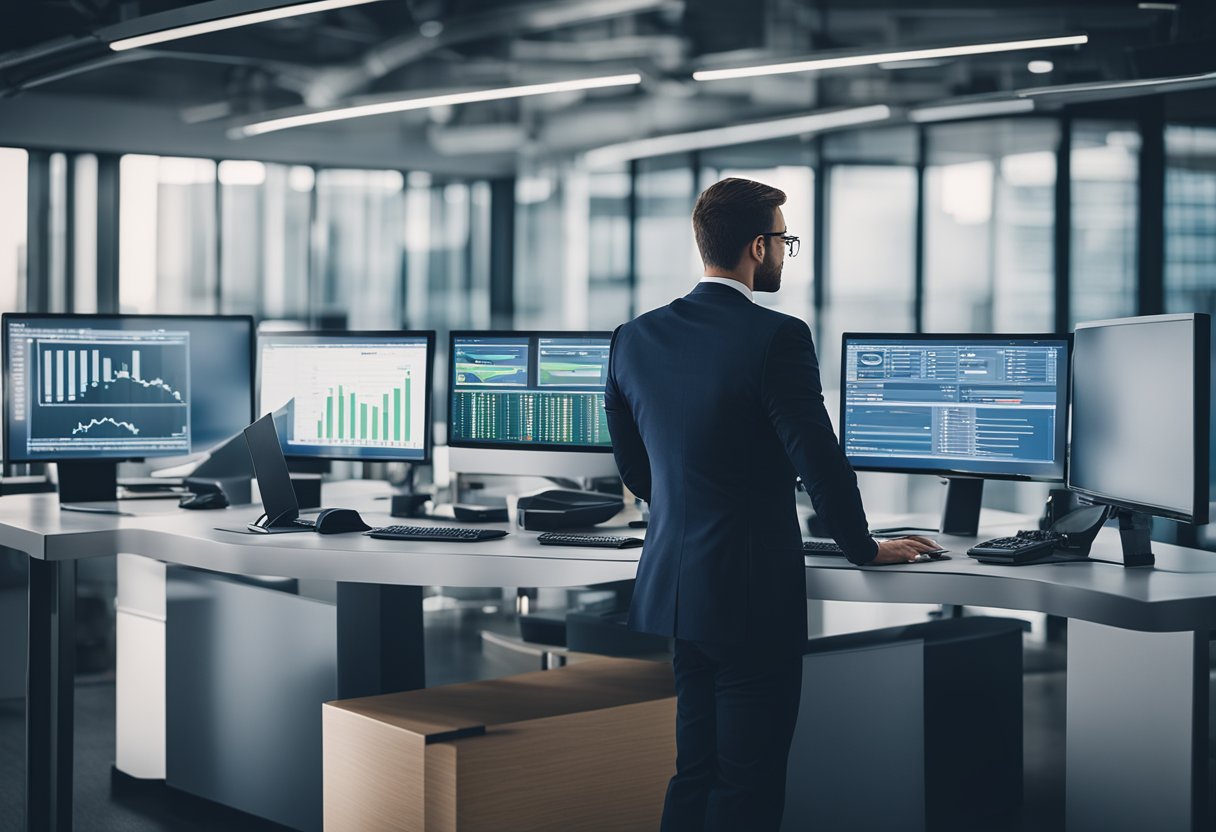A modern office setting with computer screens displaying regulatory compliance and risk management software for asset management efficiency