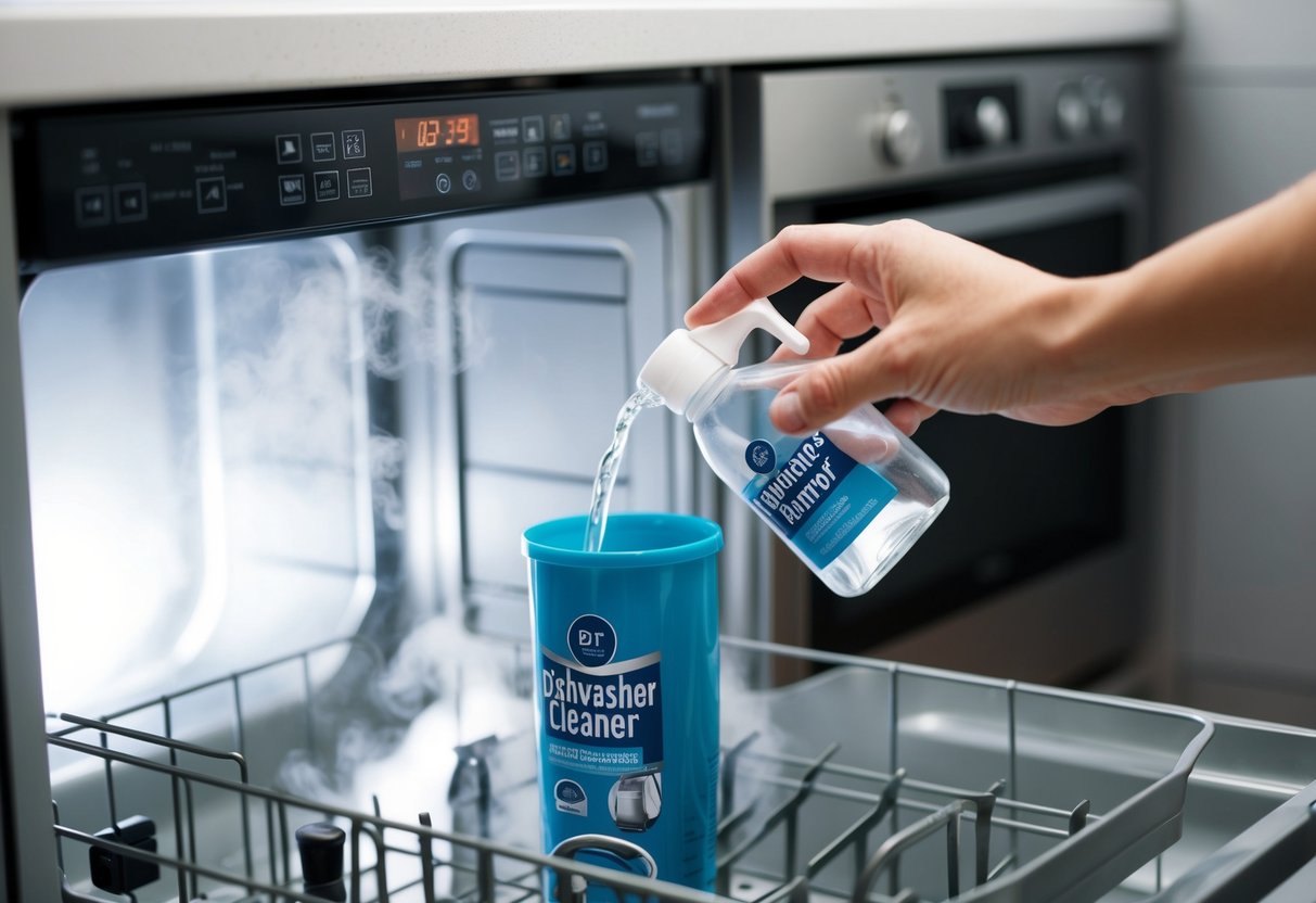 A person pours dishwasher cleaner into the machine's detergent compartment. They close the door and select a cleaning cycle. Steam escapes as the machine cleans