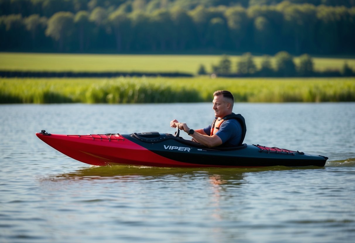A red and black Viper kayak glides across calm water, with a lush green shoreline in the background