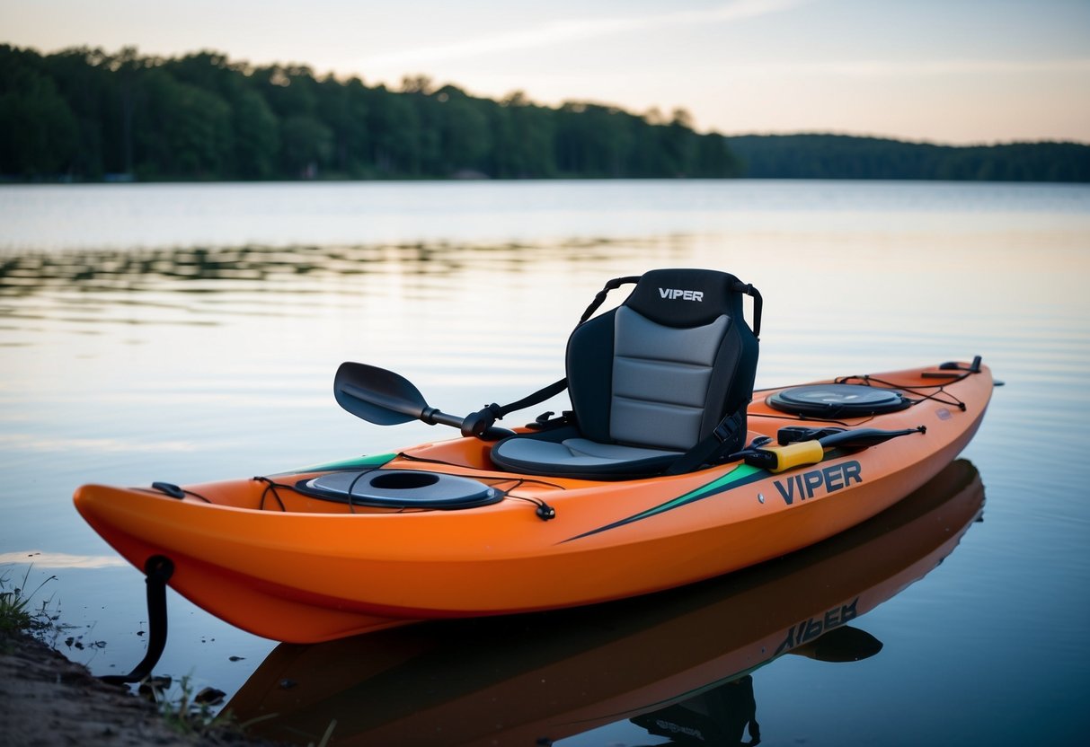 A Viper kayak rests on a calm lake shore, with sleek, streamlined design and vibrant color scheme. The kayak features a comfortable seat, adjustable footrests, and ample storage space