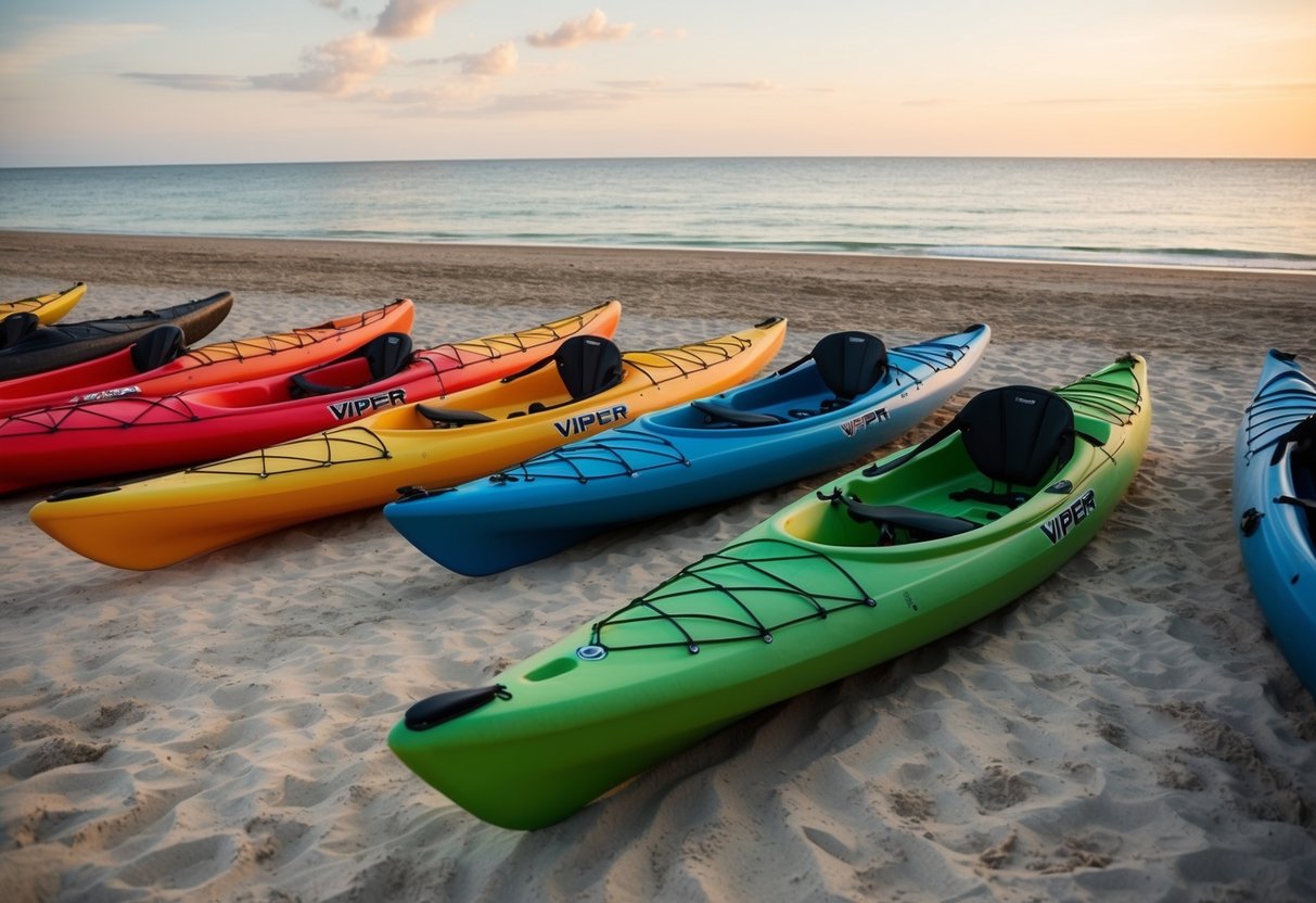 Several Viper kayaks lined up on a sandy beach, with the ocean in the background. The kayaks come in various colors and sizes, showcasing the different models available