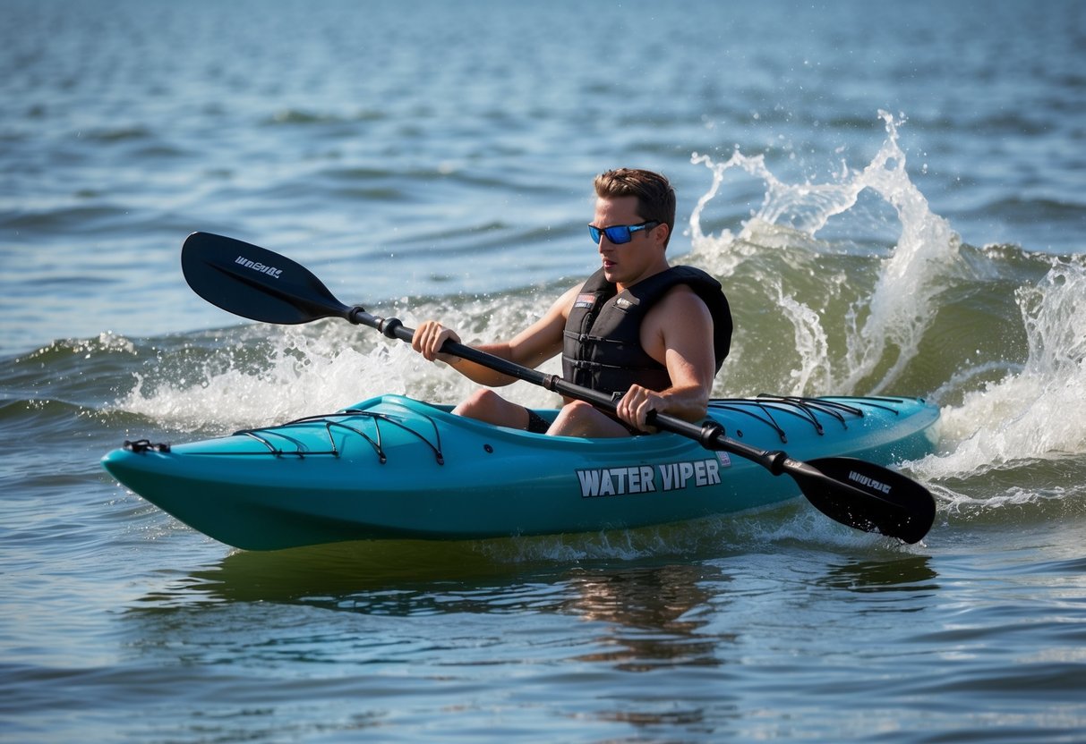 A person kayaking in a water viper kayak, slicing through the water with smooth, powerful strokes. Waves splash against the sides as the kayak moves swiftly through the water