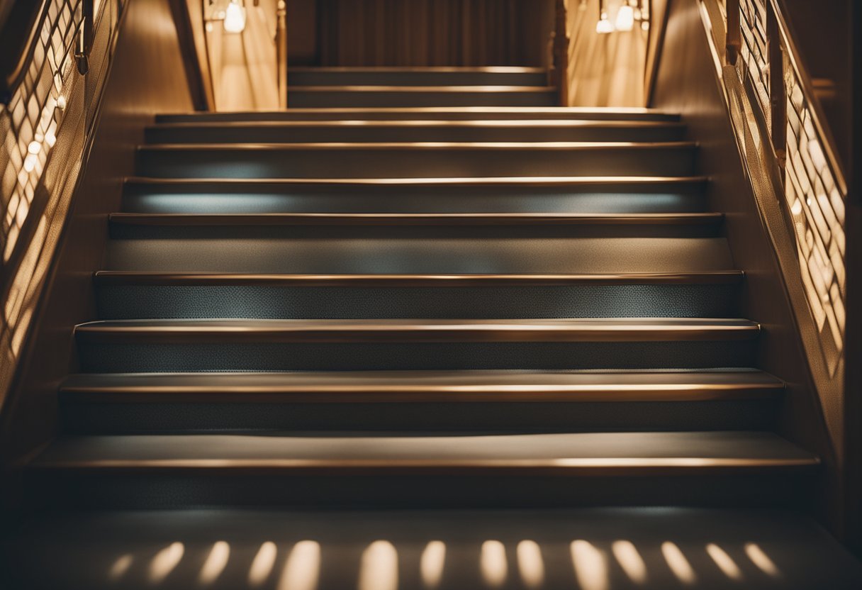 The staircase is illuminated by soft, warm light, casting gentle shadows on the steps and creating a cozy, inviting atmosphere