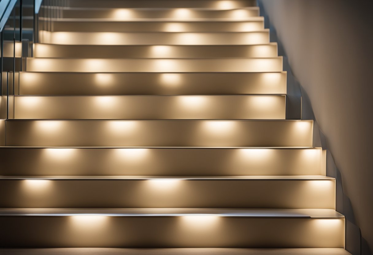 LED strips illuminating staircase steps, casting a soft glow and highlighting the edges