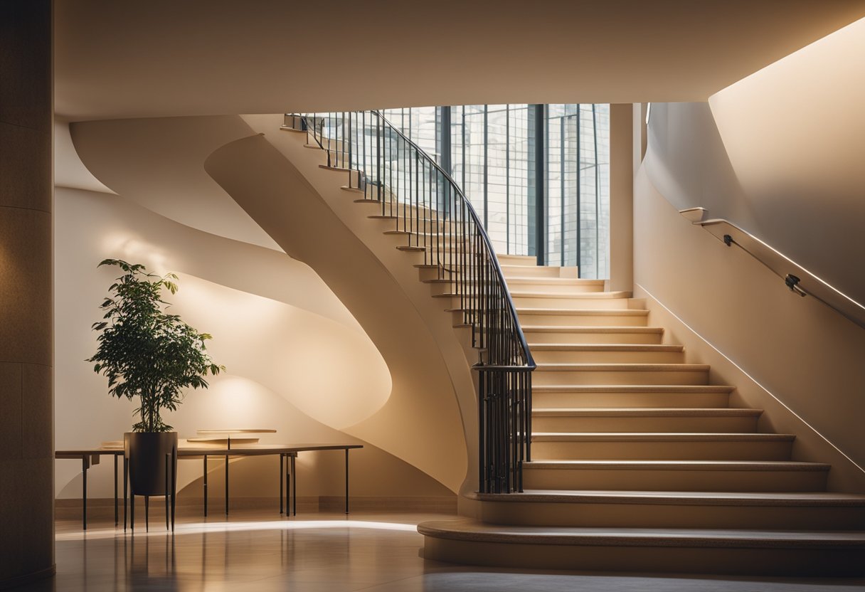 A staircase illuminated by soft, warm light. The light source is not visible, casting a gentle glow on the steps