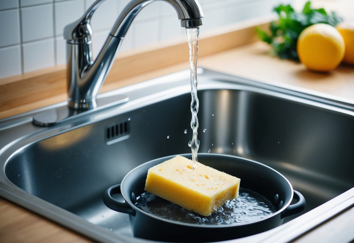 A sink with dishes being washed, a sponge scrubbing a pot, and a faucet running water