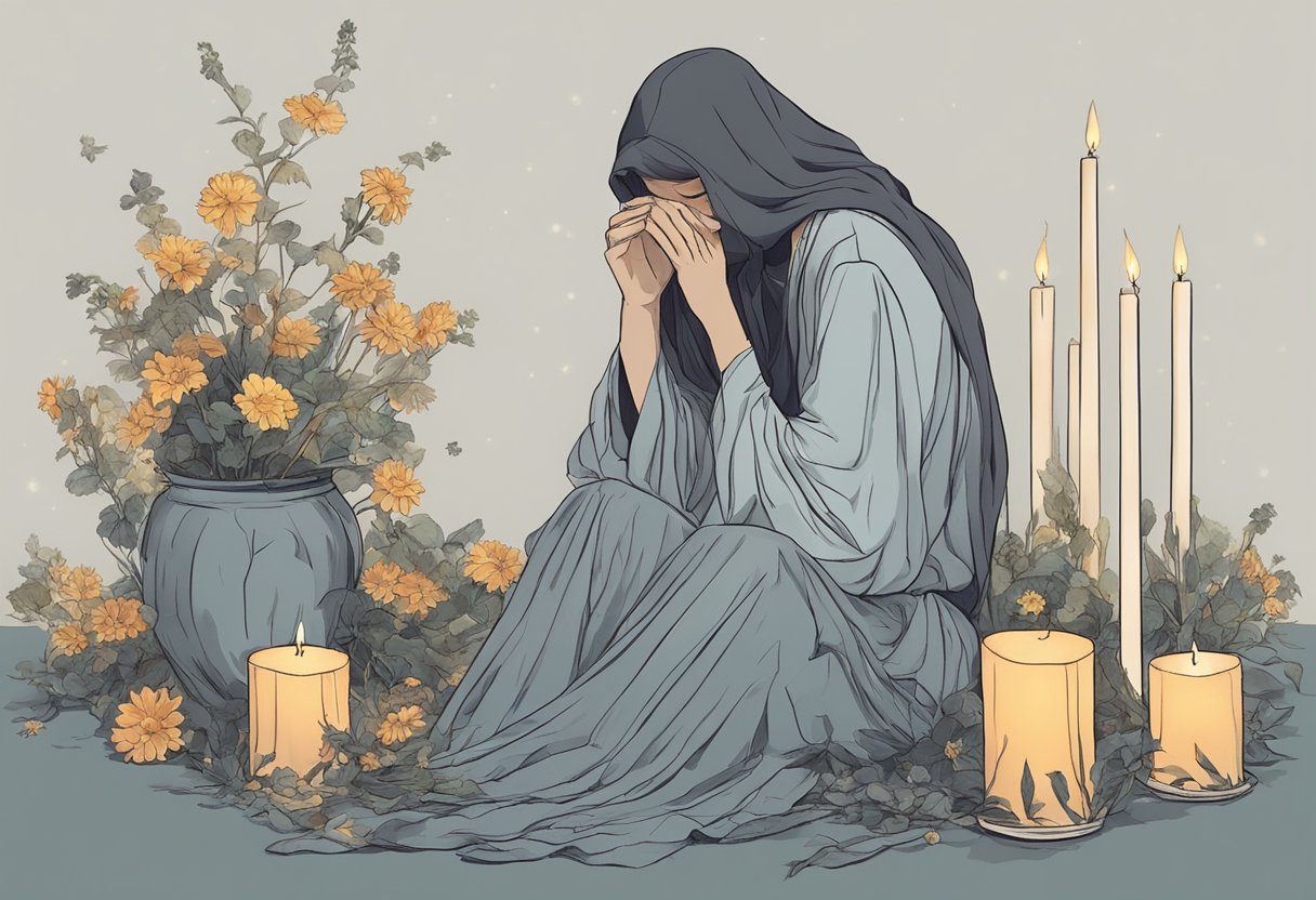 A figure sitting alone, head bowed, surrounded by wilted flowers and a single candle, with a somber expression on their face