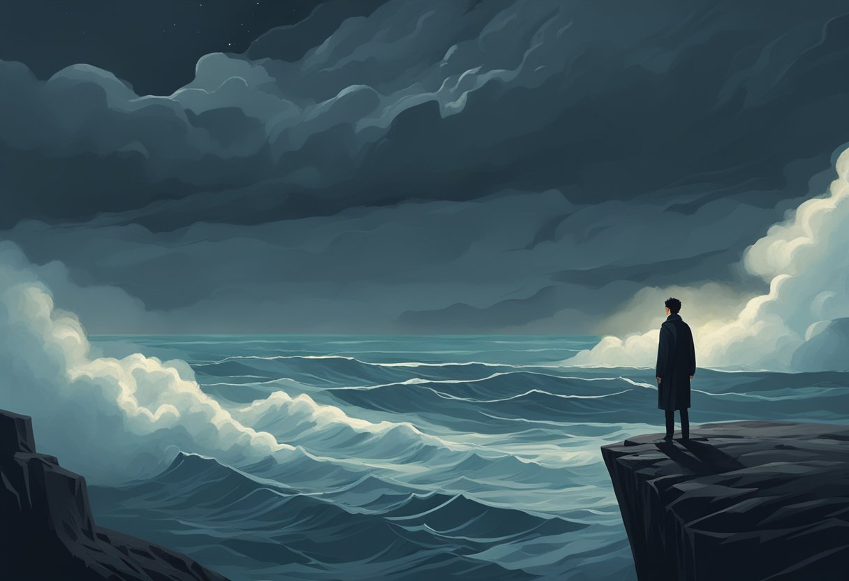 A solitary figure standing on a cliff edge, overlooking a vast and turbulent sea below. The sky is dark and stormy, with a sense of impending doom