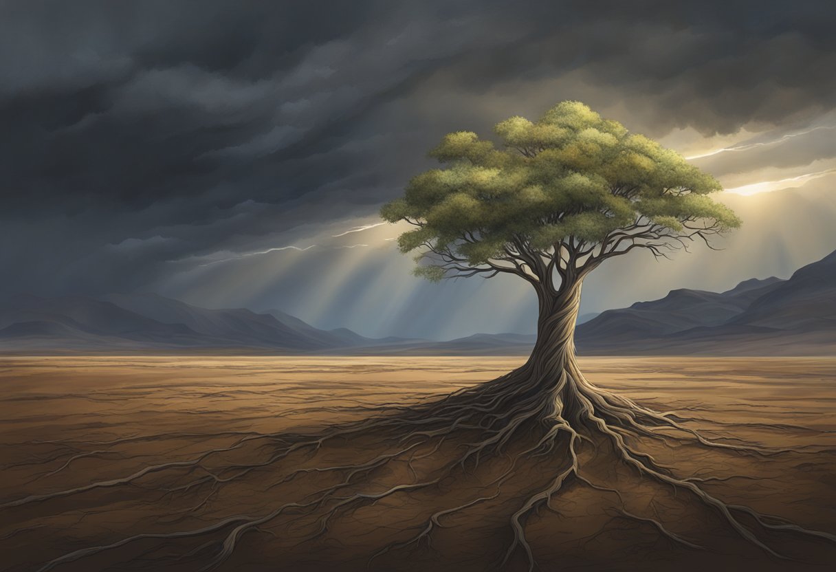 A lone tree stands tall in a barren landscape, with roots digging deep into the rocky soil. Dark storm clouds loom overhead, but a small ray of sunlight breaks through, illuminating the tree's resilient branches