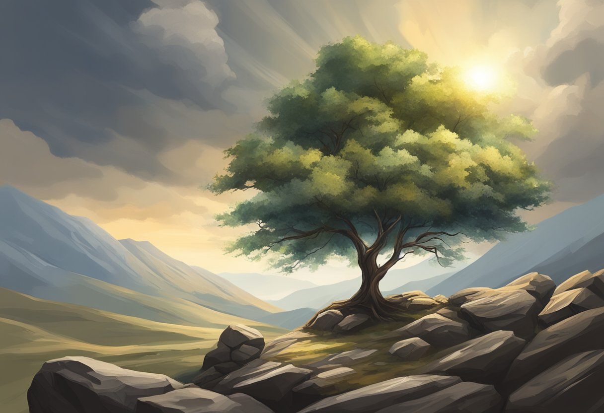 A lone tree stands tall amidst a rocky landscape, enduring harsh winds and storms. The sun breaks through the clouds, symbolizing hope and perseverance