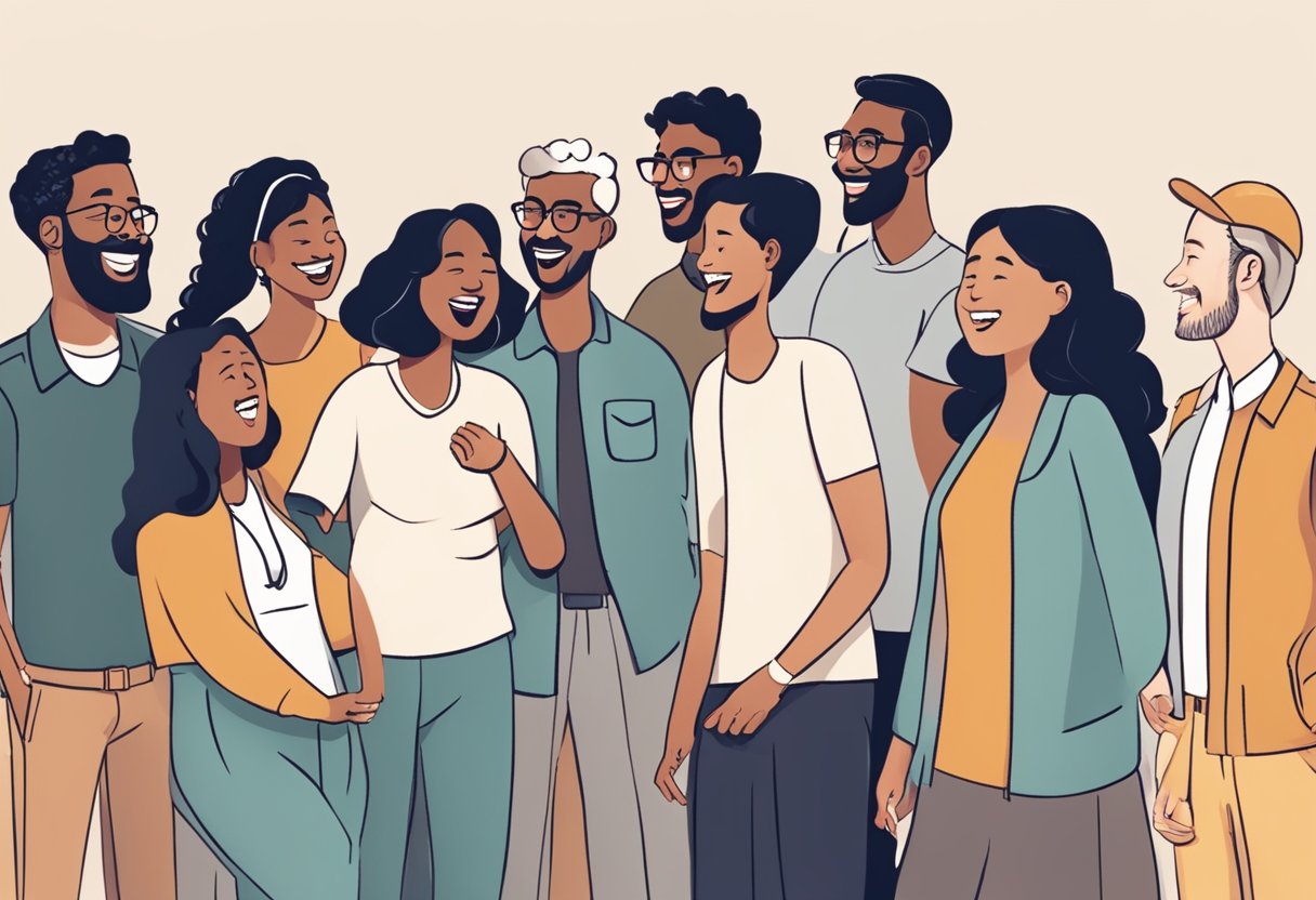 A diverse group of people sharing stories and laughing together, while a few individuals stand apart with skeptical expressions