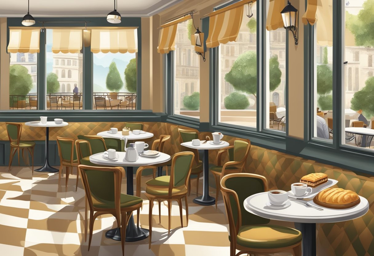 A cozy French café with bistro chairs, checkered tablecloths, and a menu board. A waiter serves coffee and pastries to patrons enjoying the charming atmosphere