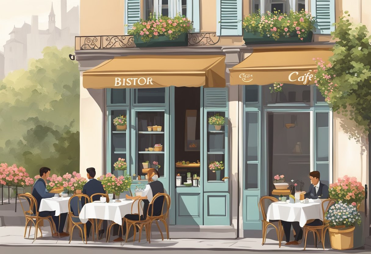 A cozy French café with bistro chairs and tables, adorned with flower-filled window boxes. A waiter serves coffee and pastries to patrons enjoying the charming ambiance