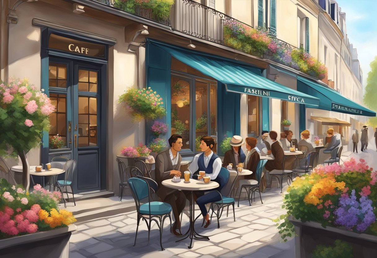 A cozy Parisian café with wrought iron tables and chairs, surrounded by blooming flower boxes. A waiter serves steaming cups of espresso to patrons enjoying lively conversation