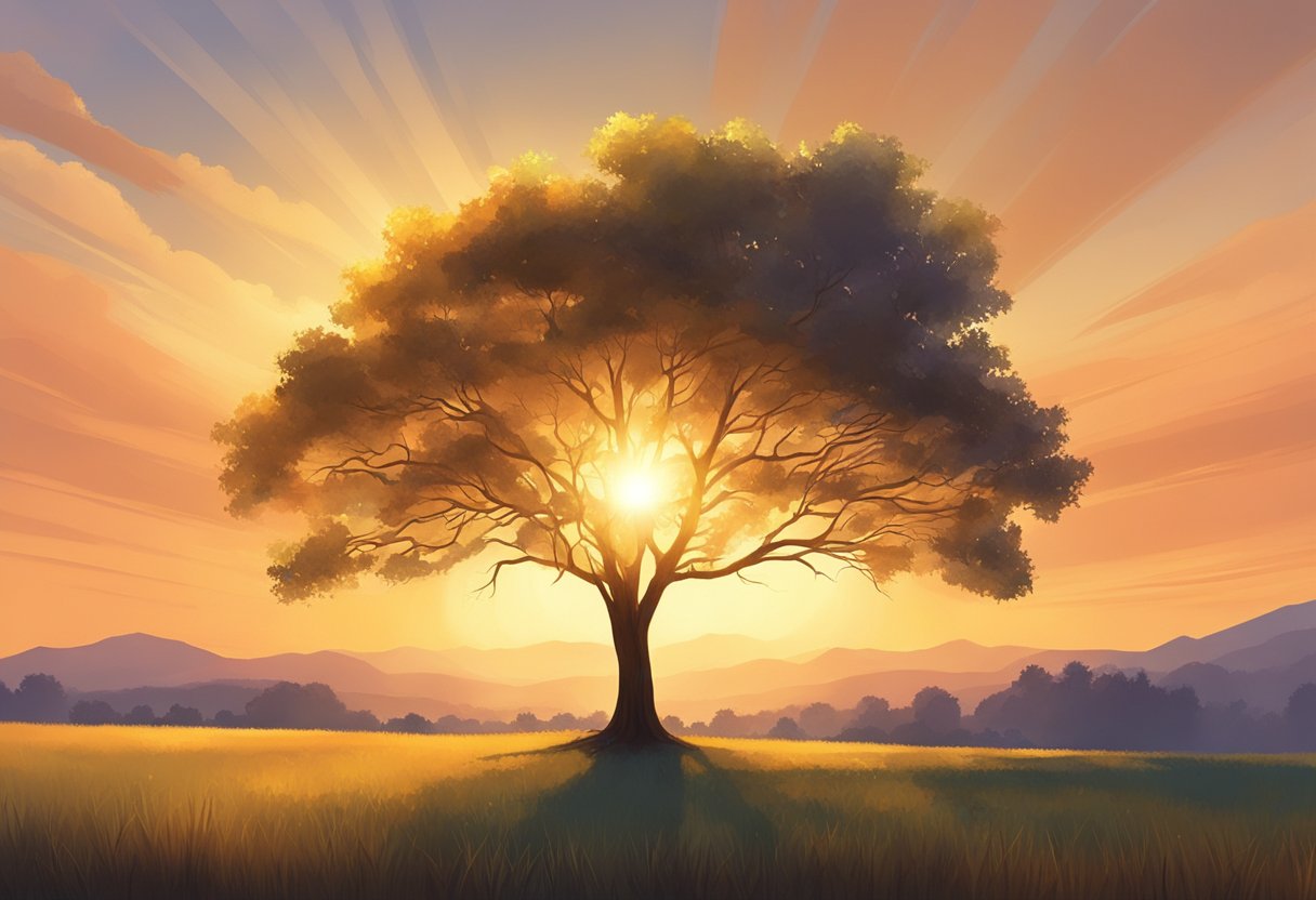 A lone tree stands in a field, its branches reaching towards the sky. The sun sets in the background, casting a warm glow over the landscape