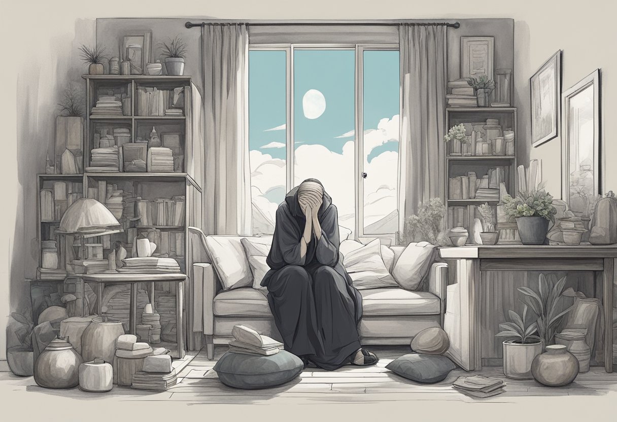 A figure sits with head bowed, surrounded by objects of comfort and solace. The atmosphere is heavy with sadness, but there is a sense of peace and hope