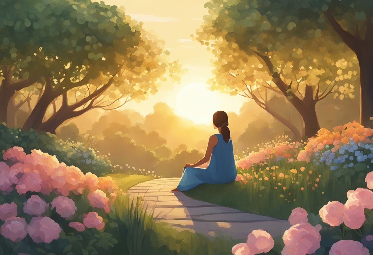 A figure sits in a peaceful garden, surrounded by flowers and trees. The sun is setting, casting a warm glow over the scene