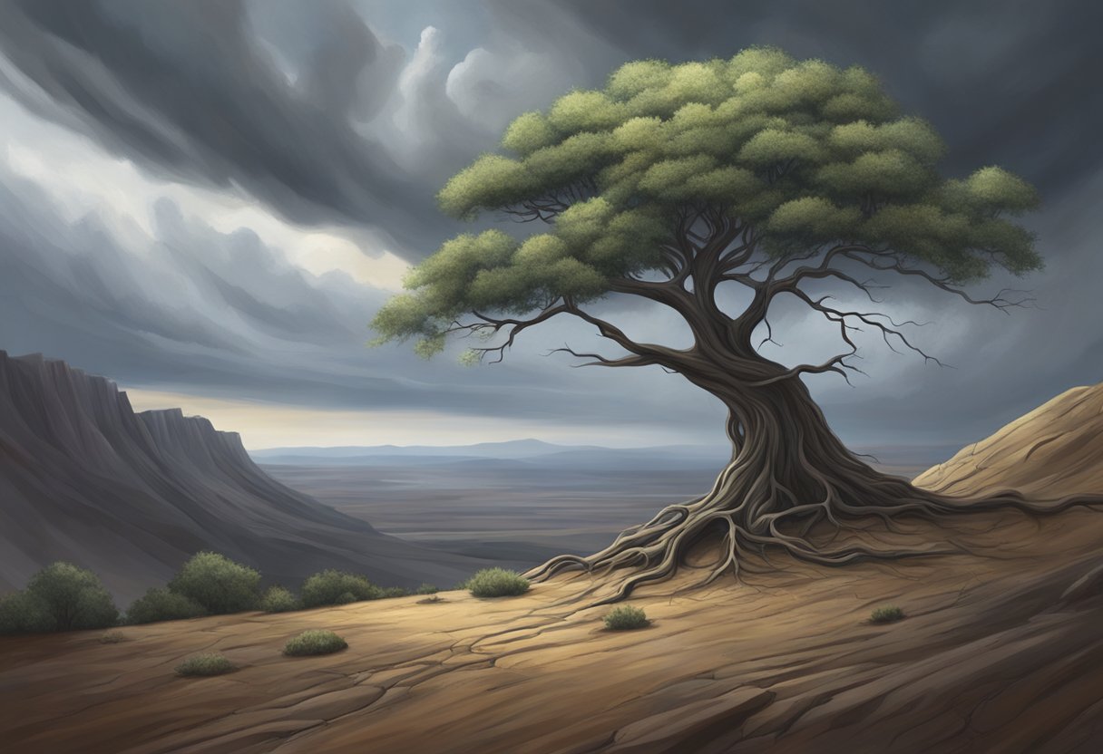 A lone tree stands resilient amidst a barren landscape, its roots firmly planted in the rocky ground as dark storm clouds loom overhead