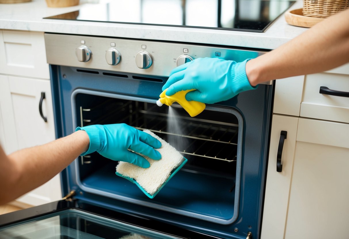 A person wearing gloves sprays oven cleaner inside the oven and uses a scrub brush to clean the interior. They wipe away the cleaner with a damp cloth