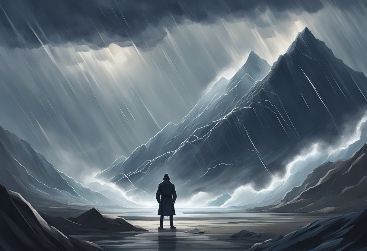 A figure stands amidst a storm, facing a mountain with determination. The wind whips around them as they refuse to give up