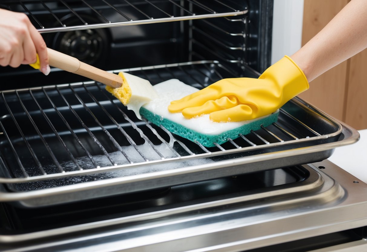 The oven racks and trays are being scrubbed and wiped clean with soapy water and a sponge, removing any built-up grease and grime