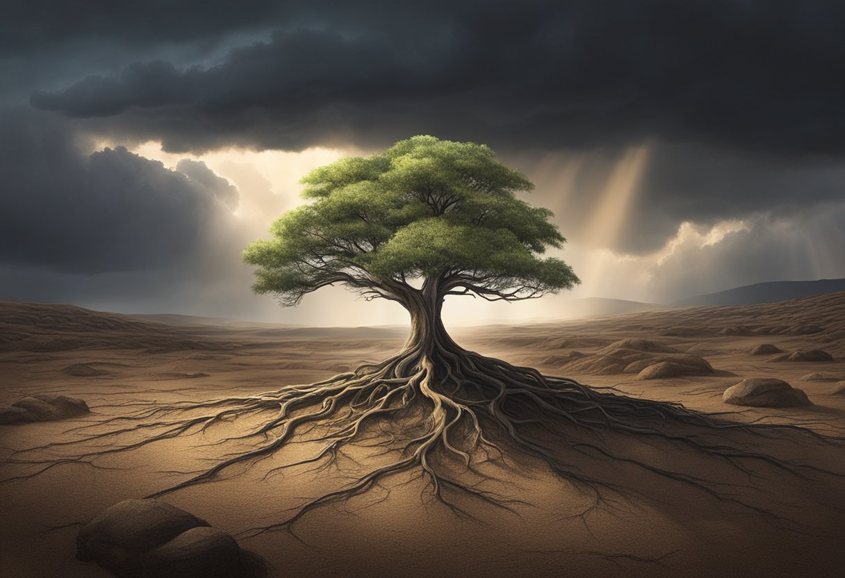 A lone tree stands tall amidst a barren landscape, its roots firmly anchored in the rocky ground. Dark storm clouds loom overhead, but a ray of sunlight breaks through, illuminating the tree with hope and strength