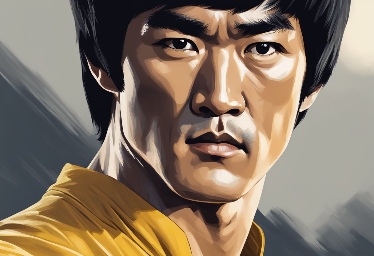 Bruce Lee's intense stare, with a determined expression, as he speaks passionately about overcoming addiction