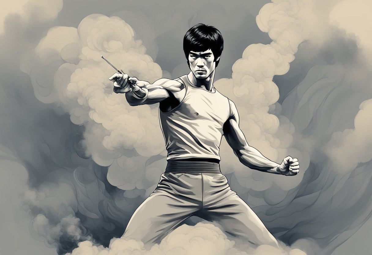 Bruce Lee's iconic silhouette in a powerful stance, surrounded by swirling clouds of smoke and the faint outline of a syringe