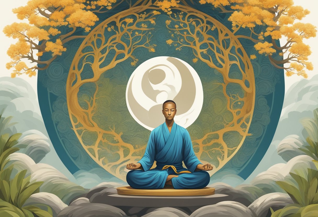 A serene figure meditates under a bodhi tree, surrounded by swirling yin-yang symbols and the flowing movements of martial arts