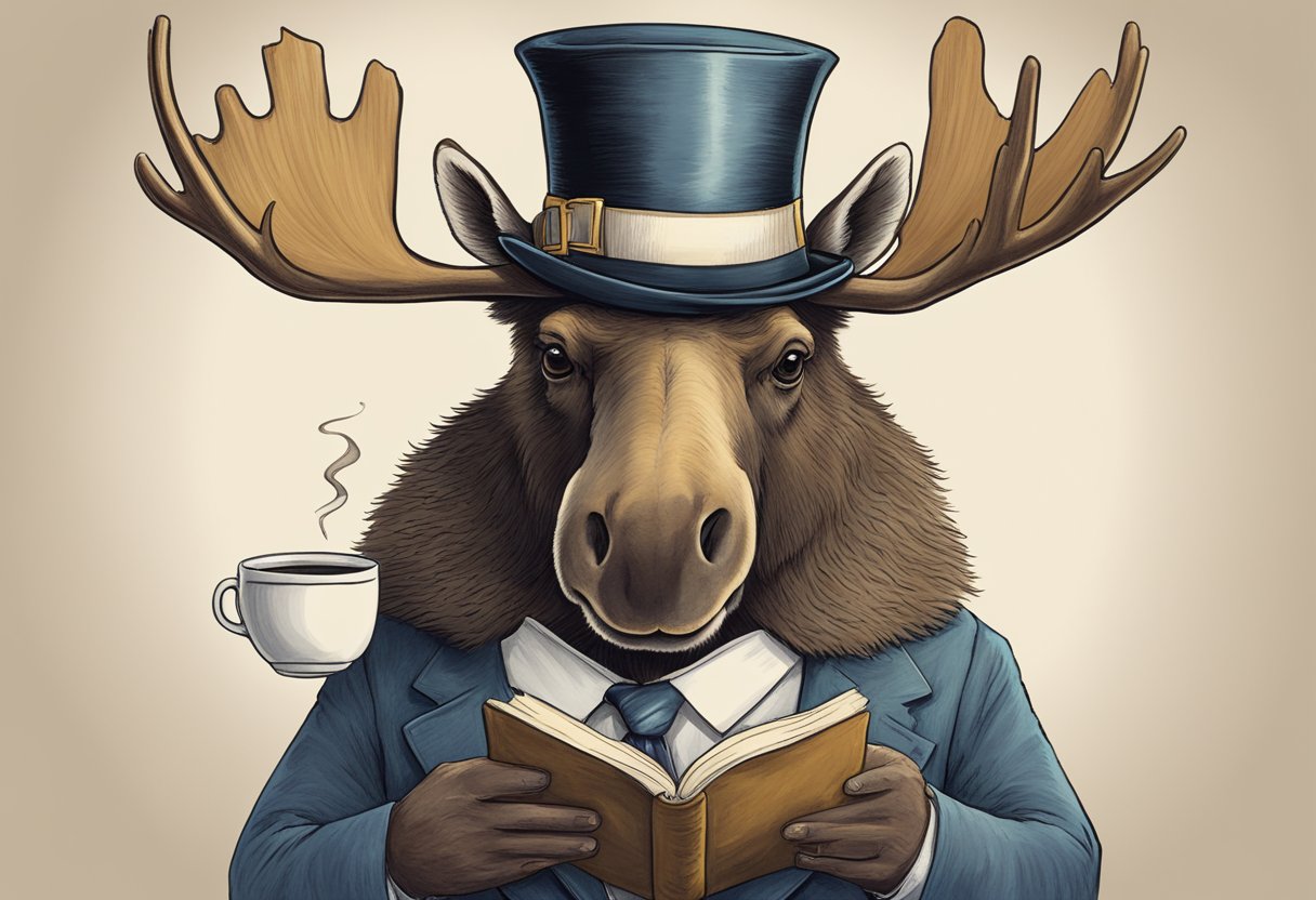 A moose wearing a top hat and monocle, sipping a cup of tea while reading a book titled "North American Humor." A bald eagle perched nearby, holding a sign that says "You're in for a laugh!"