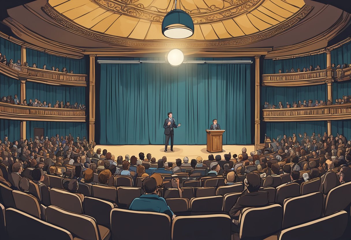 A stage with a microphone, spotlight, and audience. Laughter fills the room as famous North American comedians deliver their funny quotes about North America