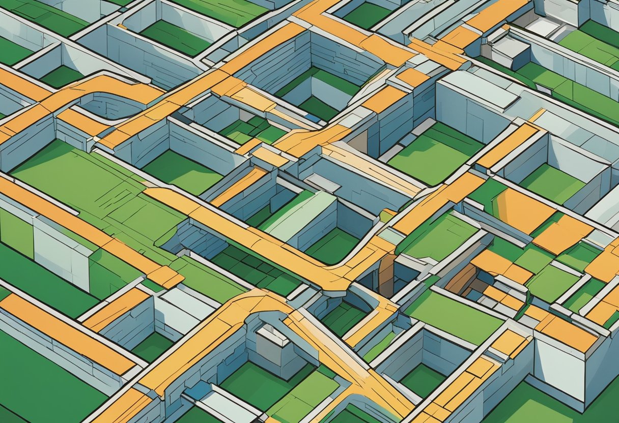 A crooked path winds through a strict grid of buildings, defying the straight lines and order around it