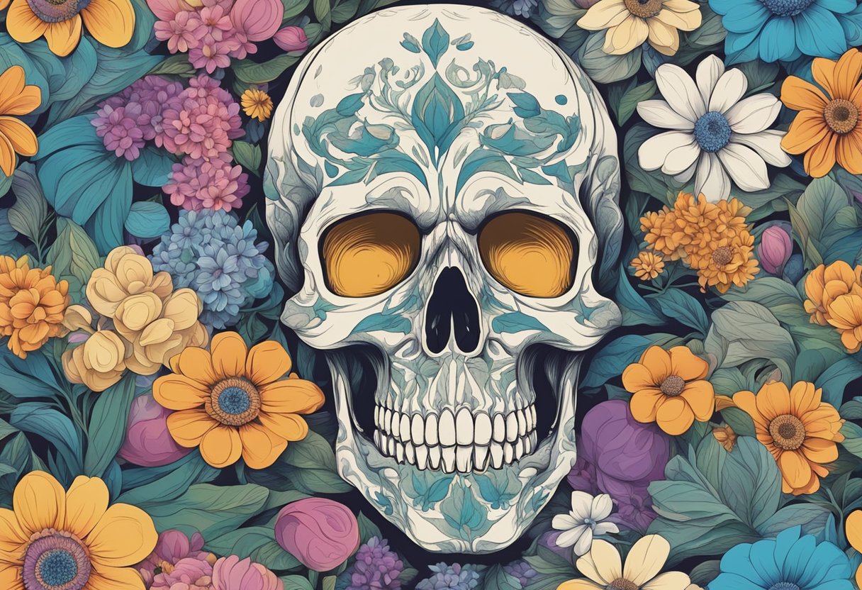 A skull resting on a bed of flowers, surrounded by swirling, abstract patterns